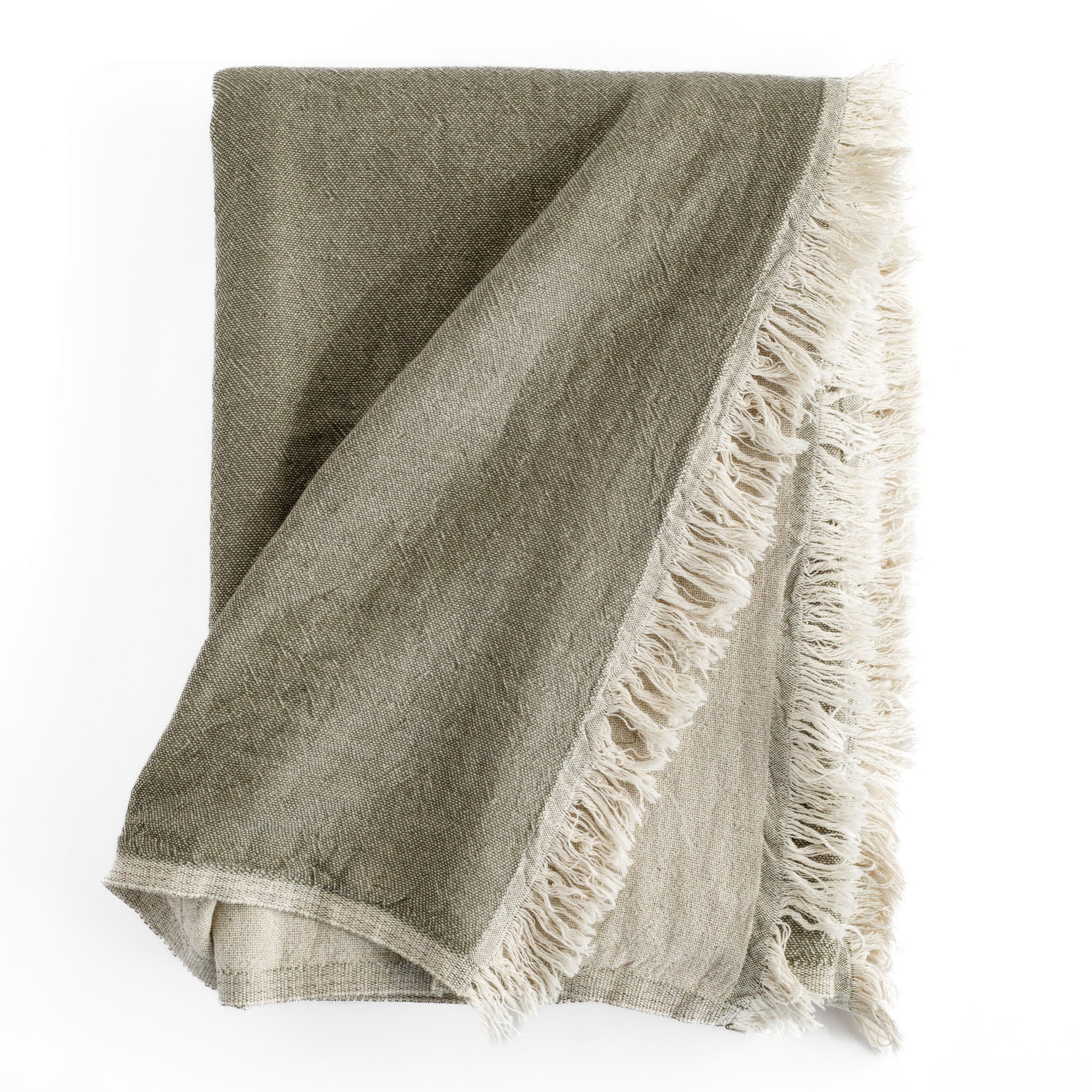 Alba Throw Blanket Olive, a reversible olive green and natural linen cotton throw blanket with a delicate fringe edge from Tonic Living