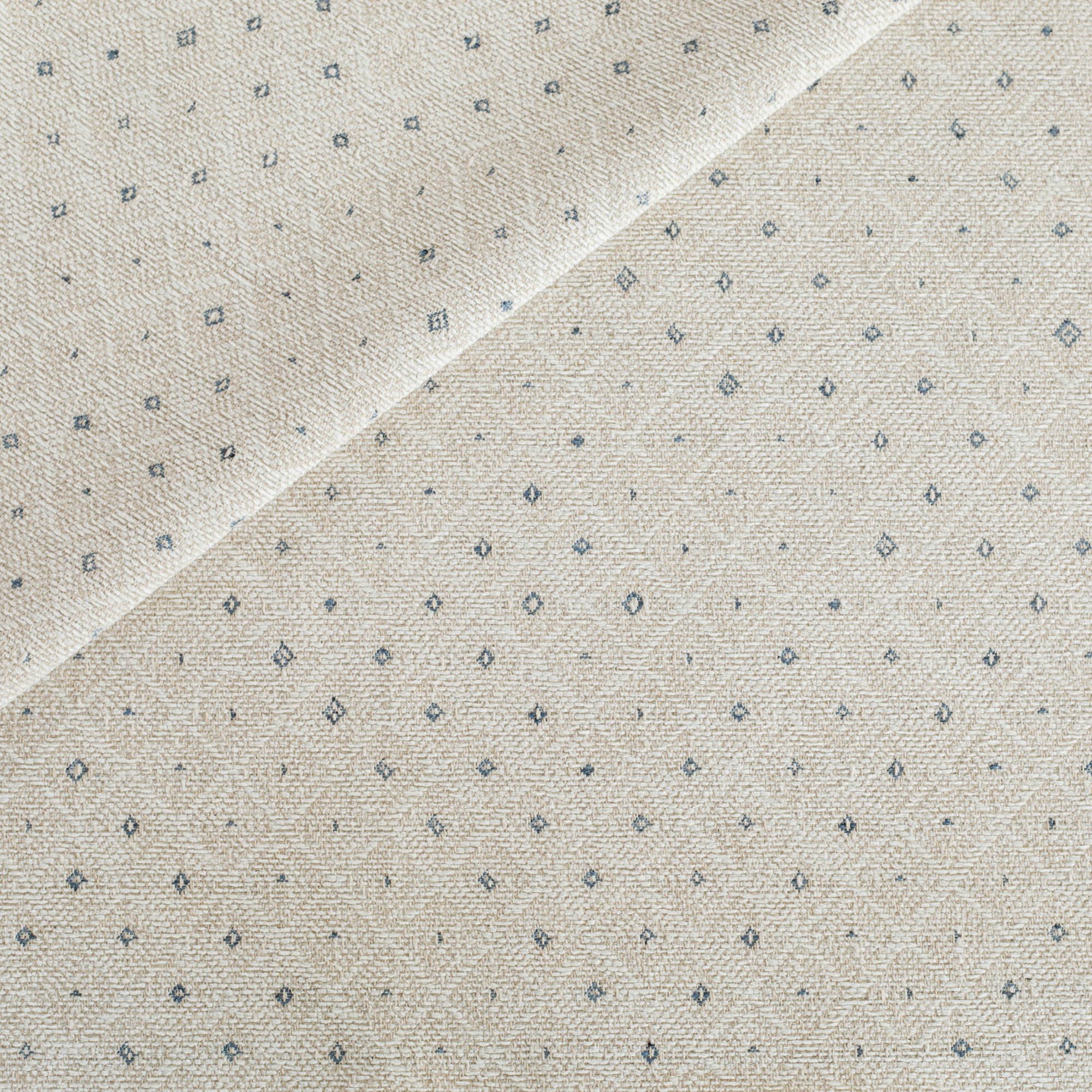 a pearly beige and ice blue diamond patterned chenille home decor fabric 