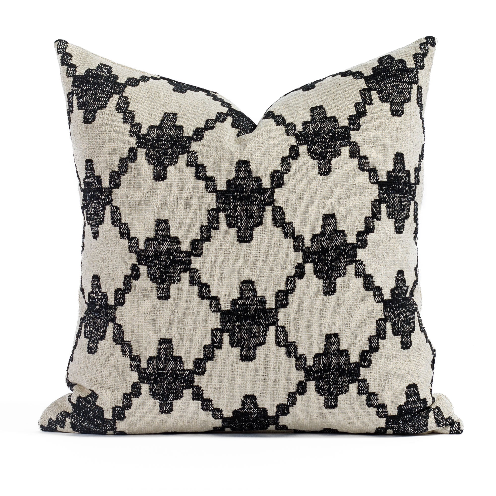 Fez 20x20 Carbon, a black and burlap diamond trellis global patterned pillow from Tonic Living 