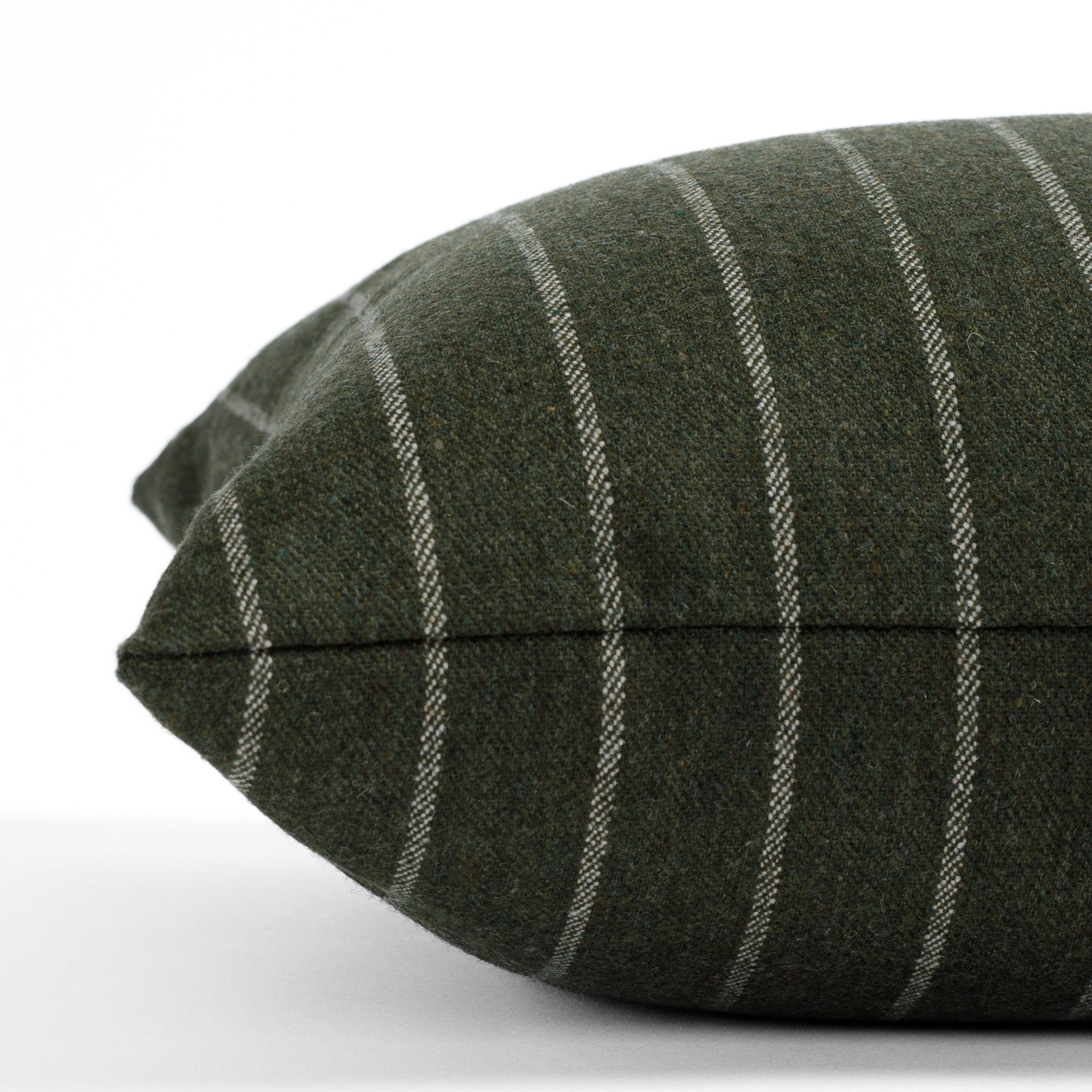 moss green and cream striped pillow : close up side view