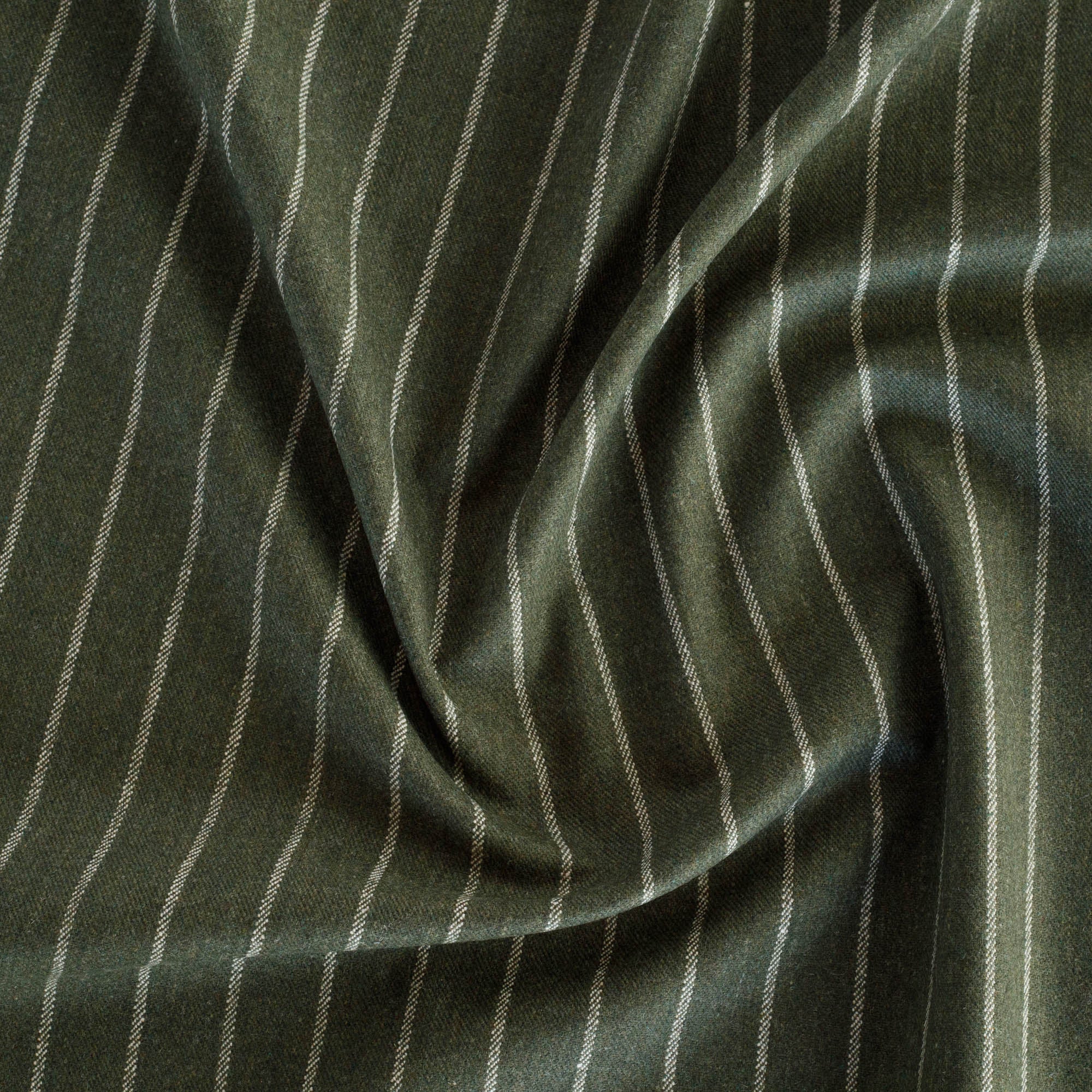 a wool blend moss green and cream vertical pinstripe multi use, home decor fabric