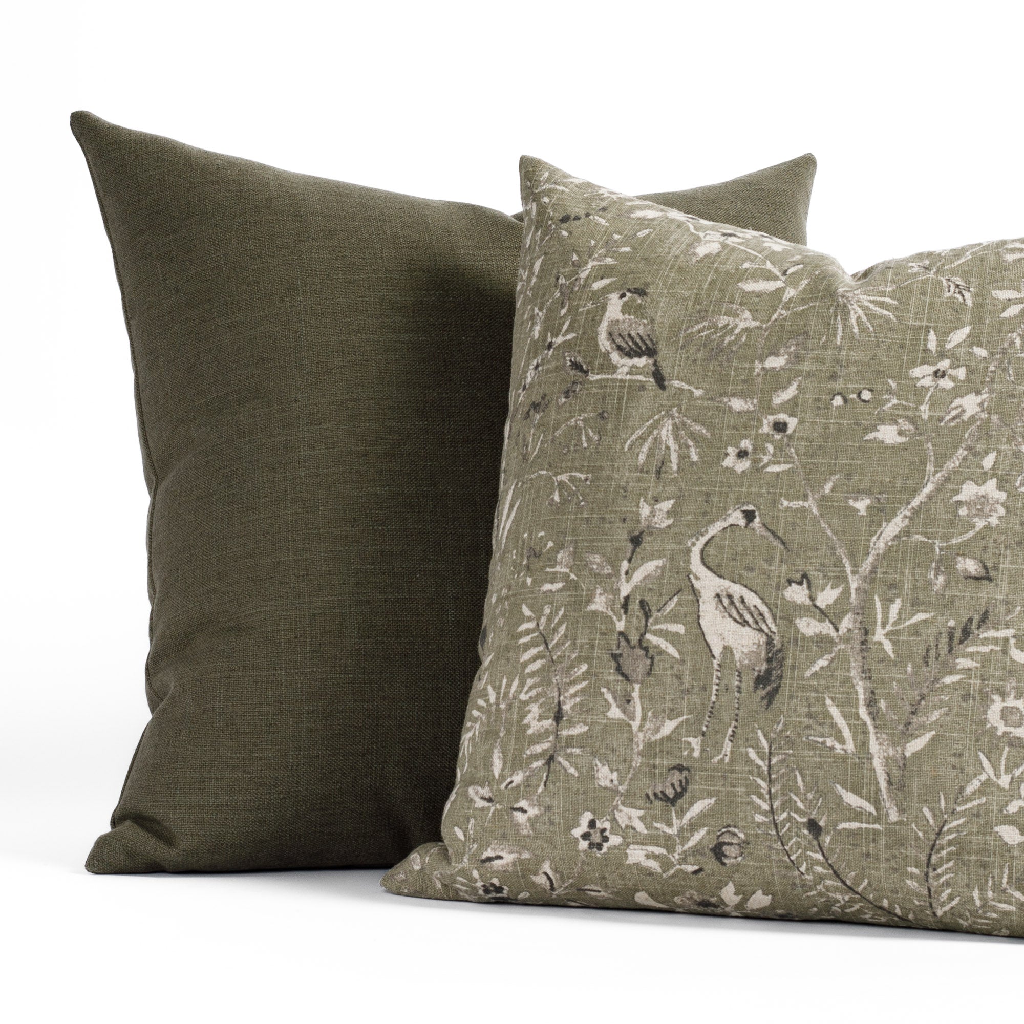 a moss green throw pillow pairing - lincoln 22x22 moss and cyprus 20x20 moss pillow